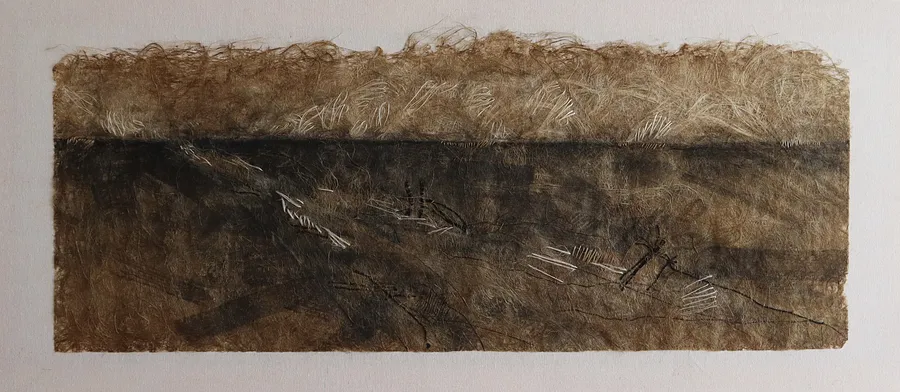 Image of Way to nowhere by Olena Morokhovska, size: 60x140 cm, made of Flax, wool and cotton threads, sisal, glue, Textile medium, from Ukraine, part of the Ukrainian fields series, priced at $700 Photo 1 of 7.