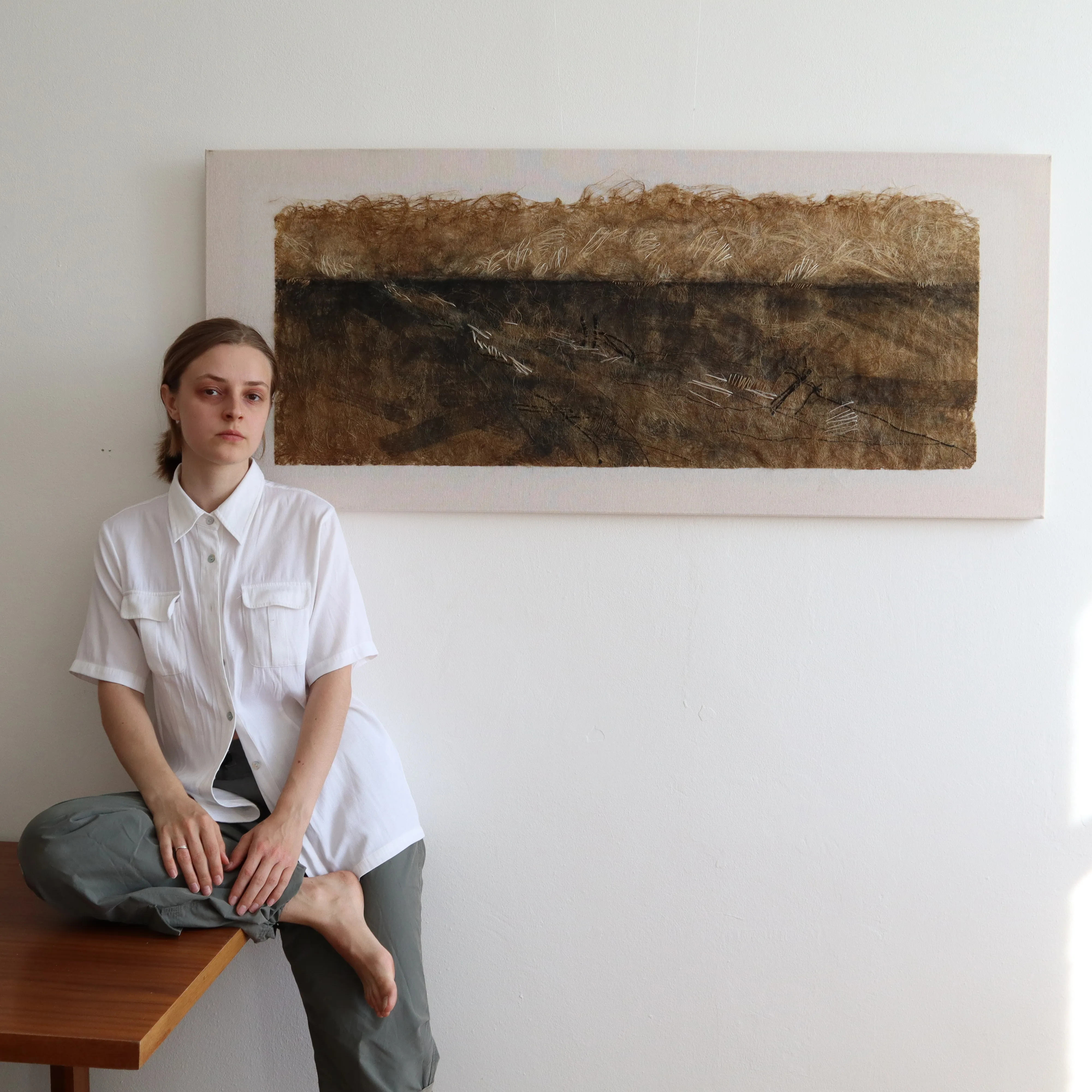 Image of Way to nowhere by Olena Morokhovska, size: 60x140 cm, made of Flax, wool and cotton threads, sisal, glue, Textile medium, from Ukraine, part of the Ukrainian fields series, priced at $700 Photo 1 of 7.