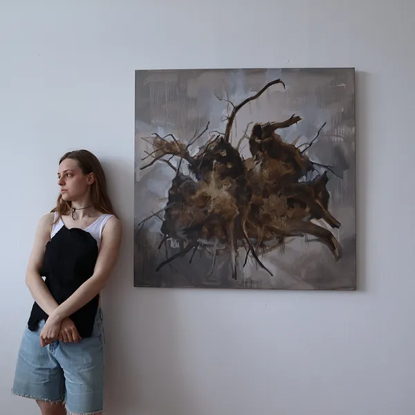 Image of A person without roots is a tumbleweed by Olena Morokhovska, size: 100x100 cm, made of Oil, canvaas, Painting medium, part of the Experience series, priced at $800 Photo 3 of 6.