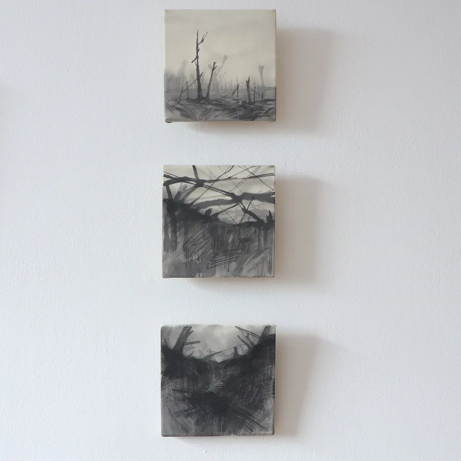 Image of Diving into the ground by Olena Morokhovska, size: 20x20 cm (each one), made of Cotton, ink, Textile medium, from Lviv, part of the Ukrainian fields series, priced at $200 Photo 1 of 4.